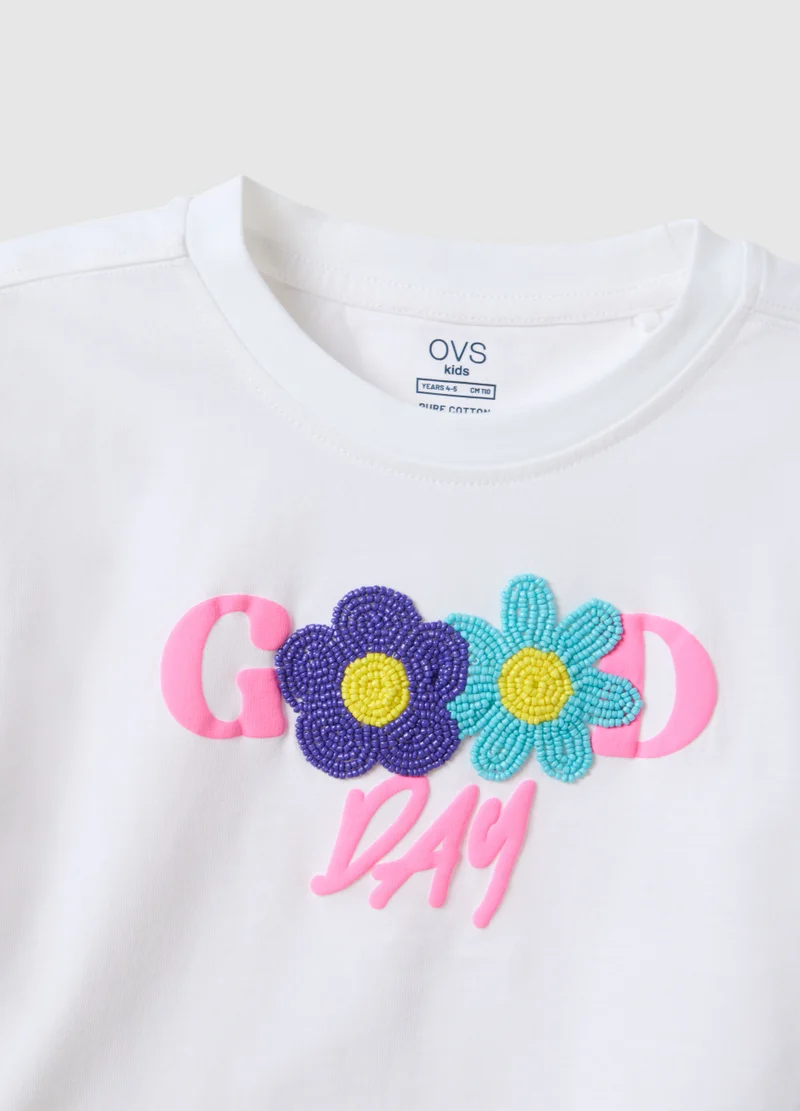 Ovs  OVS Girls' White Pure Cotton Boxy Fit T-Shirt With Beaded Flowers for Kids | Best Price UAE