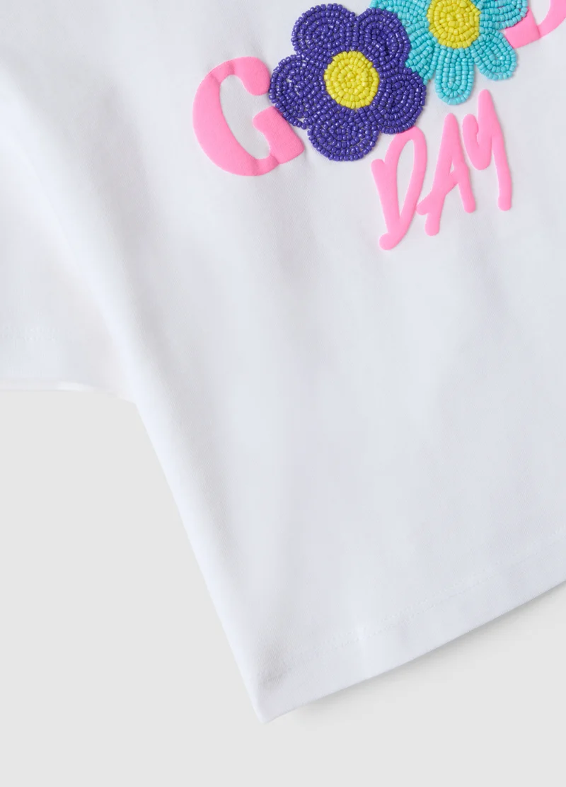 Ovs  OVS Girls' White Pure Cotton Boxy Fit T-Shirt With Beaded Flowers for Kids | Best Price UAE