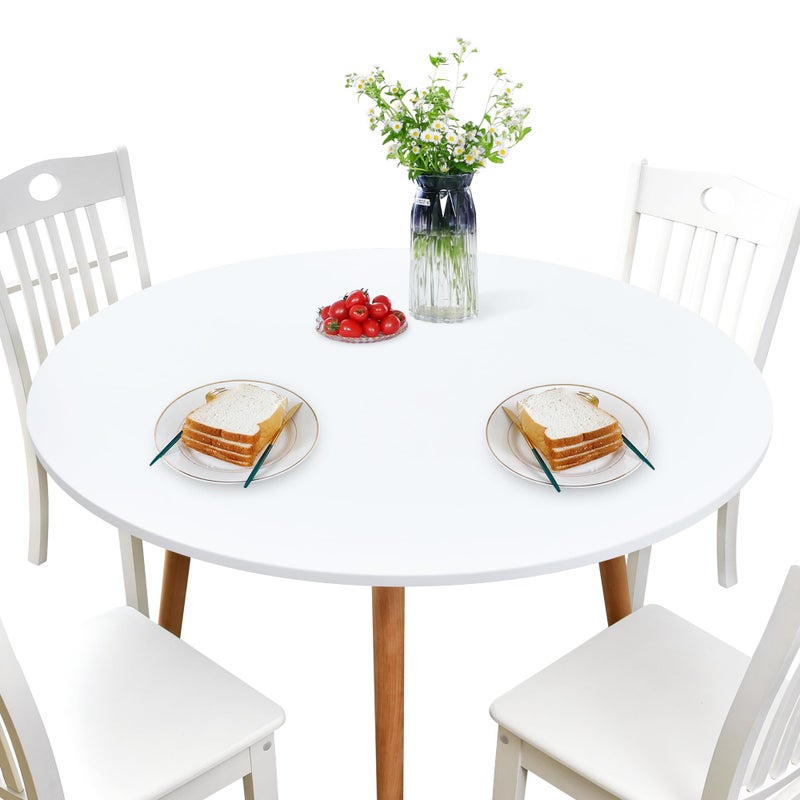 NEWISHER NEWISHER Round Fitted Table Cover Spandex Stretch Tablecloth White Table Top Cover with Elastic Edged for Dining Picnic Patio 48 inch 