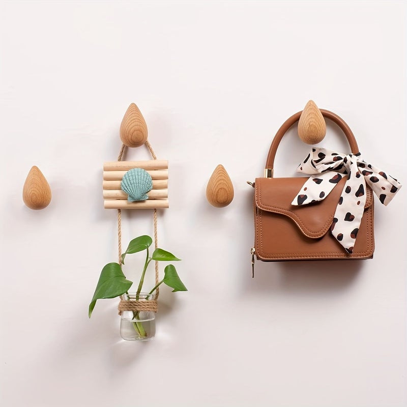 Set of 2pcs Teardrop Wooden Hooks Heavy Duty Wall Mount Adhesive Key Holder Rustic Farmhouse Entryway Closet Organization Space Saving Hanging Utility Decorative Towel Hat Bag Scarves - Image 2