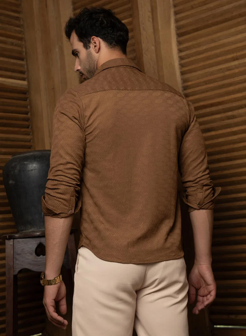Campus Sutra Men's Tan Brown Chevron-Tactile Shirt