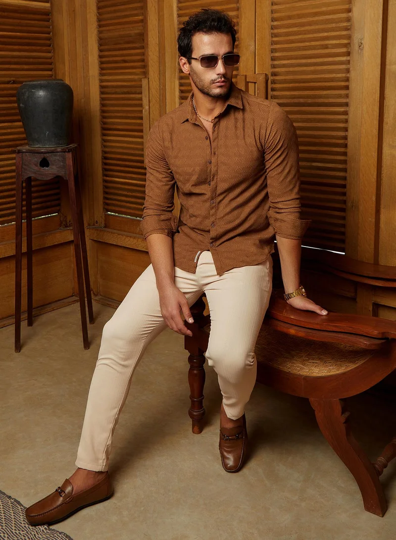 Campus Sutra Men's Tan Brown Chevron-Tactile Shirt
