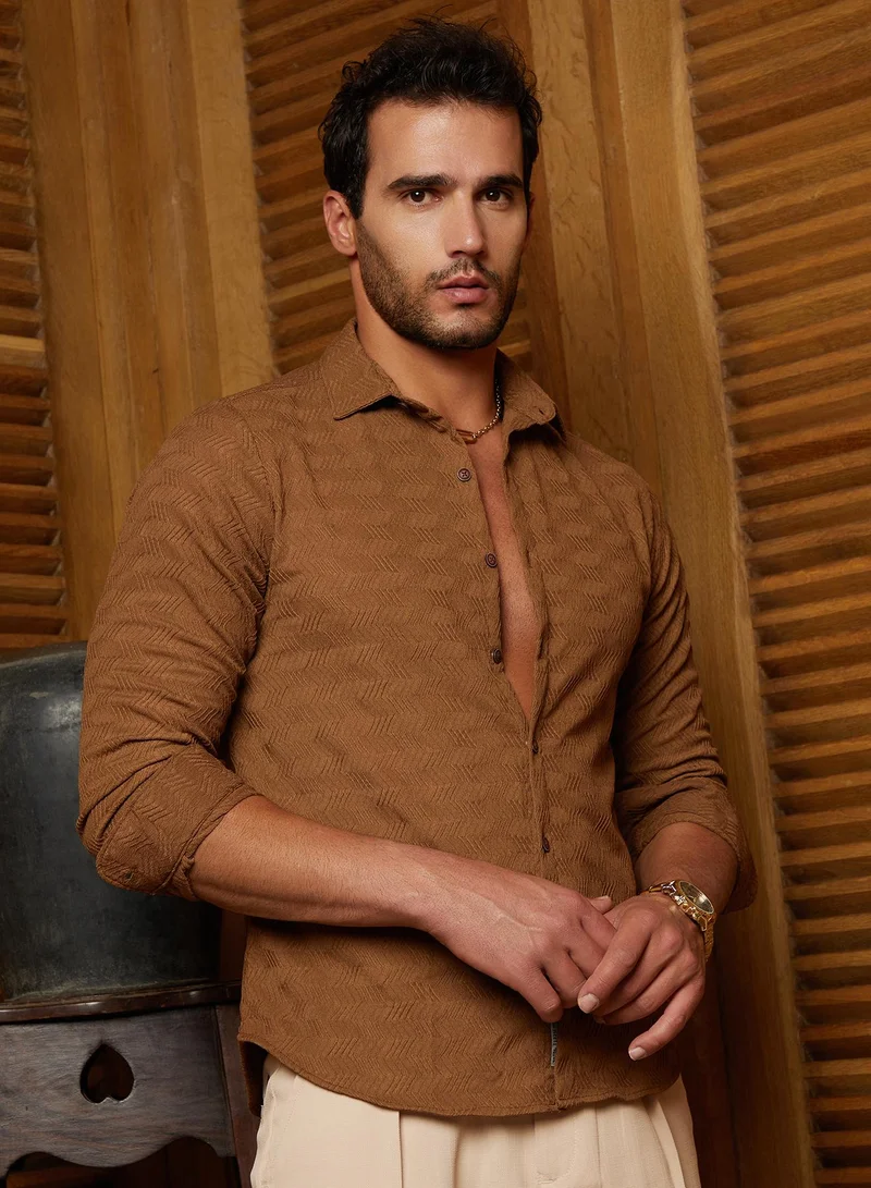 Campus Sutra Men's Tan Brown Chevron-Tactile Shirt