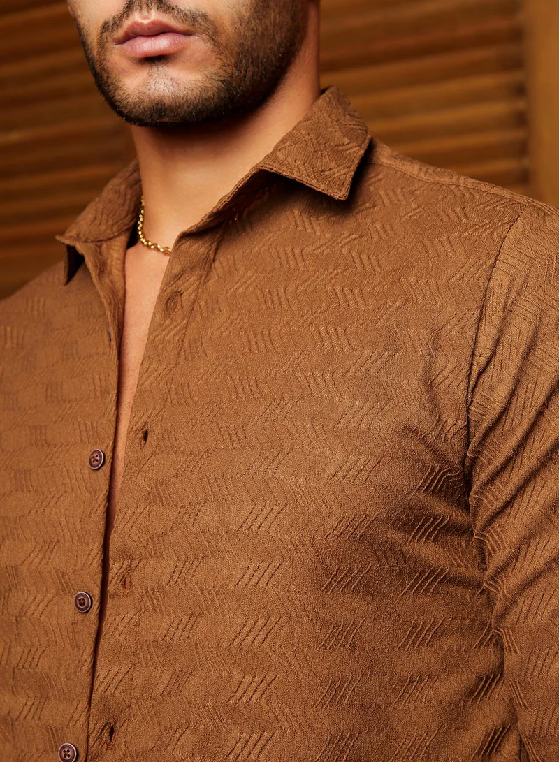 Campus Sutra Men's Tan Brown Chevron-Tactile Shirt