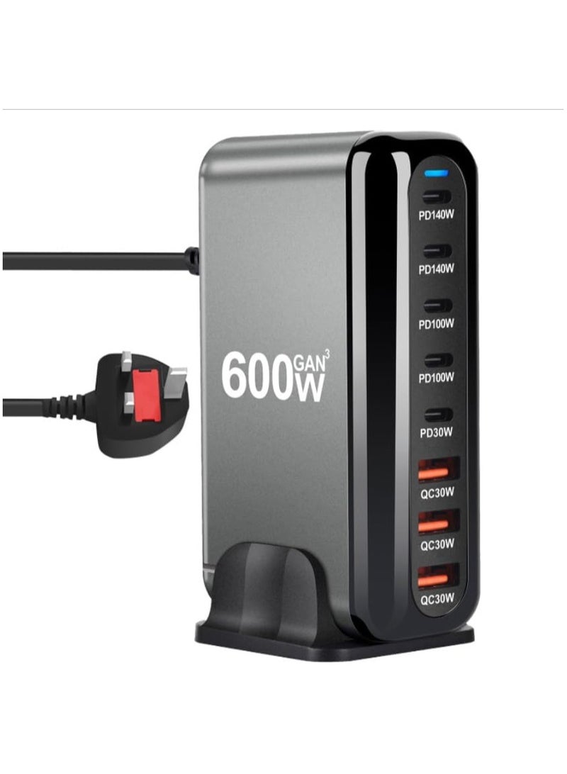 600W USB A  USB C 【تحديث جديد】محطة شحن، 5 منافذ من النوع C 【2 × 140 وات، 2 × 100 وات، 1 × 30 وات】 و3 منافذ USB 【QC30W】 محور محطة شحن من النوع C، تقنية GaN - Image 1