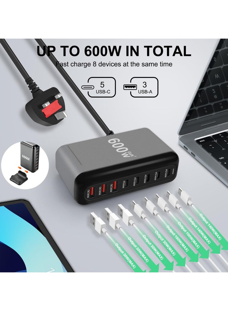 600W USB A  USB C 【تحديث جديد】محطة شحن، 5 منافذ من النوع C 【2 × 140 وات، 2 × 100 وات، 1 × 30 وات】 و3 منافذ USB 【QC30W】 محور محطة شحن من النوع C، تقنية GaN - Image 2