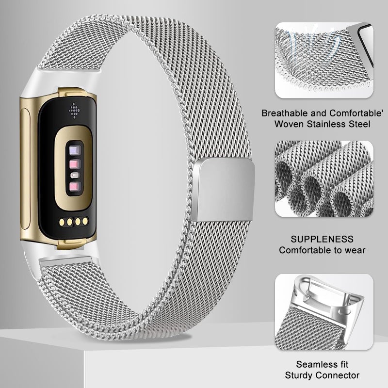 surundo Compatible with Fitbit Charge 6/Charge 5 Bands for Wmen Men, Metal Mesh Milanese Loop Adjustable Strap Replacement for Fitbit Charge 6/Charge 5 Advanced Fitness & Health Trackers - Image 4