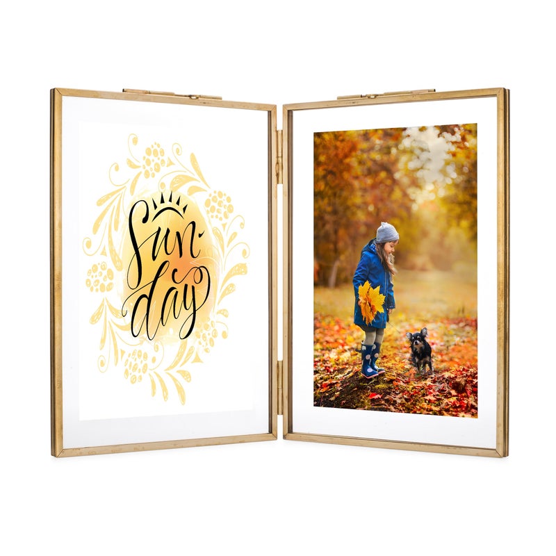 Rising Star Brass Picture Frame  Vintage Double 4x6 Folding Picture Frames  Gold Metal Pressed Glass Photo Frame  Hinged Picture Frame