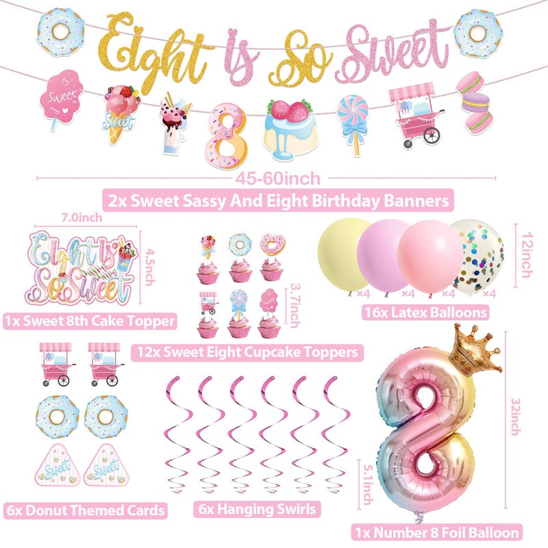 JUYRLE Sweet Sassy And Eight Birthday Decorations- 8th Birthday Decorations For Girls With Donut Banner Sweet Cake Topper 8th Foil Balloon For 8th Donut Themed Party Decor Sweet Eight Party Supplies - Image 3
