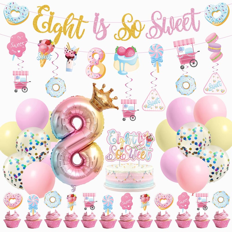JUYRLE Sweet Sassy And Eight Birthday Decorations- 8th Birthday Decorations For Girls With Donut Banner Sweet Cake Topper 8th Foil Balloon For 8th Donut Themed Party Decor Sweet Eight Party Supplies - Image 1