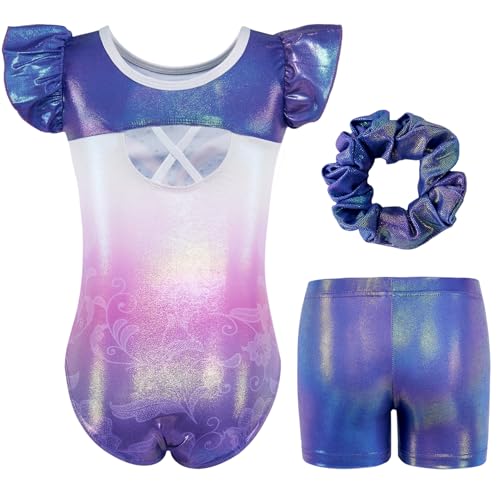 Gogokids Girls Gymnastics Leotards with Shorts Sparkly Toddler Dance Ballet Biketard Stretch Tumbling Outfit Activewear purple 45T 110 - Image 3