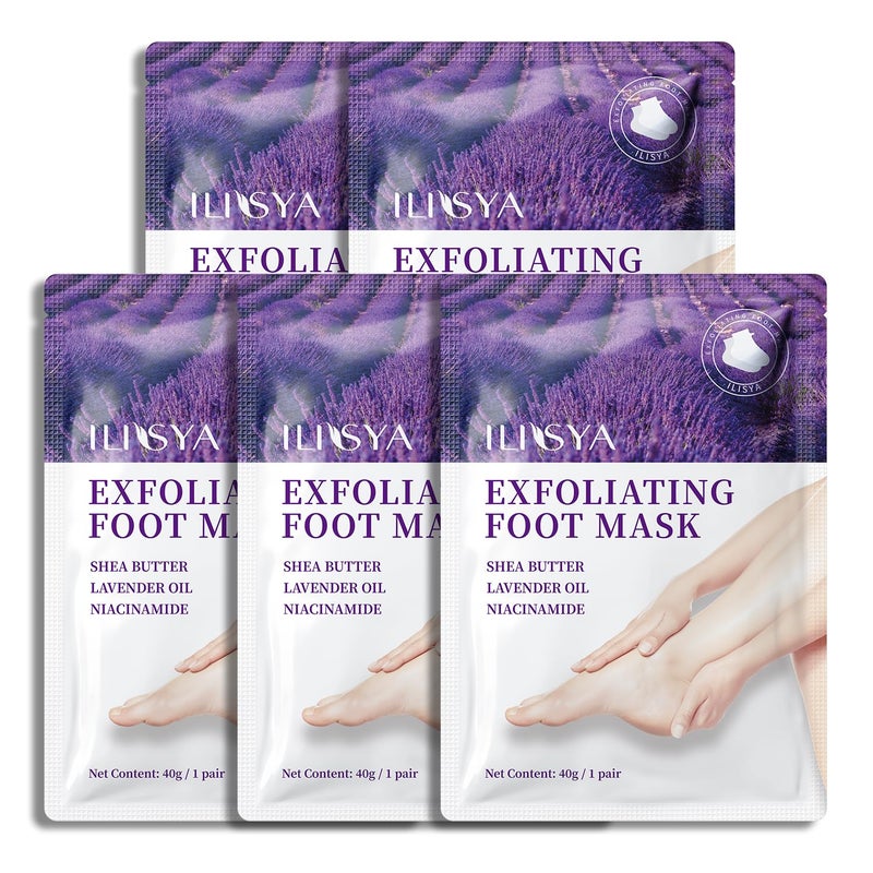 ILISYA Foot Peeling Mask - 5 Pack Exfoliating Foot Peel Mask for Dry Cracked Feet - Baby Soft Foot Mask Socks for Removing Dead Skin, Cracked Heels, and Calluses - Lavender, Shea Butter, Aloe - Women and Men - Image 1