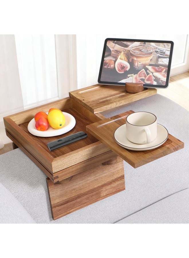 Thoueyren Acacia Wood Sofa Arm Tray, Adjustable Couch Armrest Table with 2 Rotatable Trays​ & a Storage Box | 360° Rotating Phone Holder for Drinks, Cups, Snacks, and Remote - Image 1