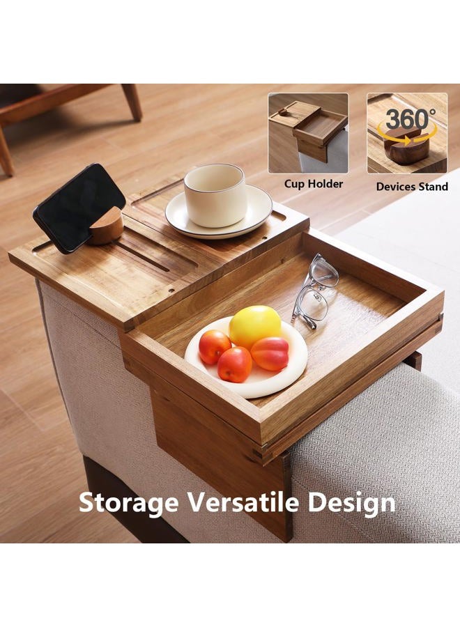 Thoueyren Acacia Wood Sofa Arm Tray, Adjustable Couch Armrest Table with 2 Rotatable Trays​ & a Storage Box | 360° Rotating Phone Holder for Drinks, Cups, Snacks, and Remote - Image 3