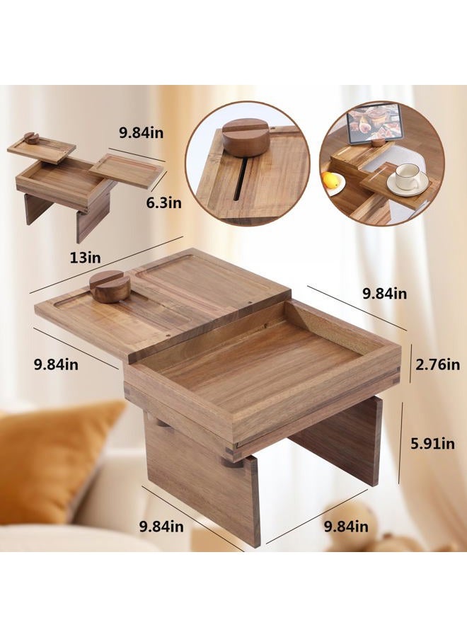 Thoueyren Acacia Wood Sofa Arm Tray, Adjustable Couch Armrest Table with 2 Rotatable Trays​ & a Storage Box | 360° Rotating Phone Holder for Drinks, Cups, Snacks, and Remote - Image 2