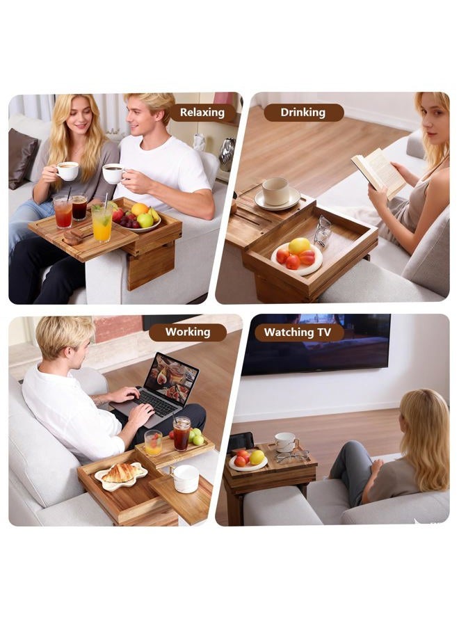 Thoueyren Acacia Wood Sofa Arm Tray, Adjustable Couch Armrest Table with 2 Rotatable Trays​ & a Storage Box | 360° Rotating Phone Holder for Drinks, Cups, Snacks, and Remote - Image 4