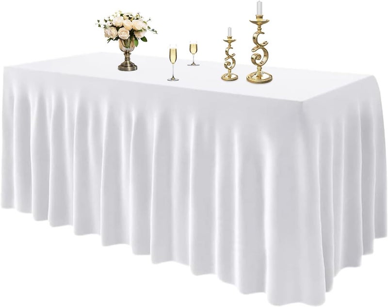 EMART EMART Rectangle Table Skirt for 6ft  White Spandex Tablecloth Wrinkle Resistant Cover for Banquet Wedding Birthday Party - Image 1