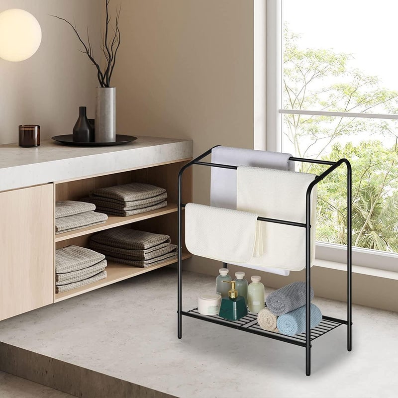 Indian Decor 51296 Freestanding Towel Rack Towel Stand for Bathroom Floor 3 Tier Towel Rack Stand Free Standing Towel Bar Towel Holder Stand with Shelf Black  - Image 3