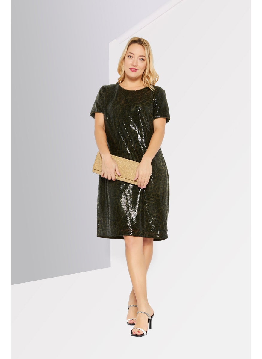 Lauren by Ralph Lauren - Women Animal Print Sequins Short Sleeve Mini Dress, Forest Green Combo - Image 1