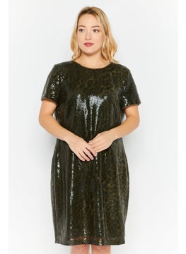 Women Animal Print Sequins Short Sleeve Mini Dress, Forest Green Combo