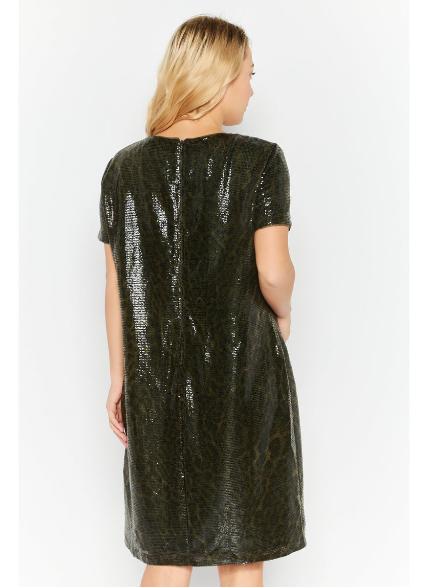 Lauren by Ralph Lauren - Women Animal Print Sequins Short Sleeve Mini Dress, Forest Green Combo - Image 1