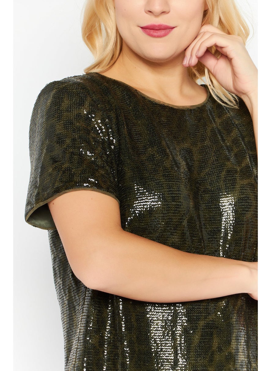 Lauren by Ralph Lauren - Women Animal Print Sequins Short Sleeve Mini Dress, Forest Green Combo - Image 1