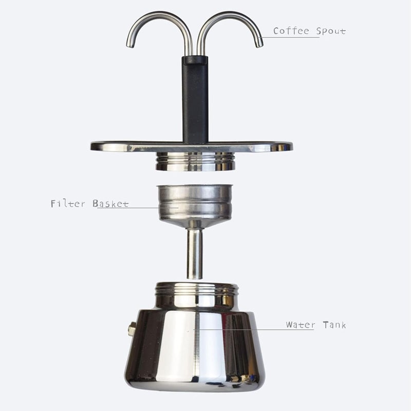 ShanQuilyx 2 Cup 100ML Double Head Moka Pot, Stainless Steel Stovetop Espresso Coffee Maker for Delicious Coffee, Portable Travel Brewer - Image 3