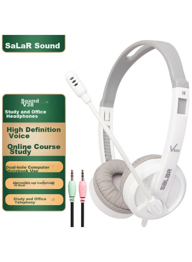 salar Shenglai V38 Laptop Headphones With Microphone, Wired Headphones With Dual Plugs, Compatible With Lenovo, Asus, Hp, Dell, For English Learning, Noise Reduction, With Microphone, White Double - Image 1