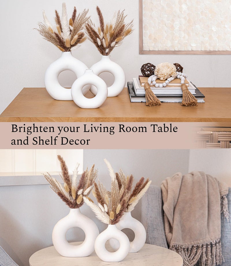 VELOVA Set of 3 White Ceramic Vase with 65 PCS Dried Pampas Grass Flowers Aesthetic Boho Modern Small Round Cute Vases for Decor Living Room Coffee Table Shelf Bedroom Office Desk Home Gifts Women Mom - Image 4
