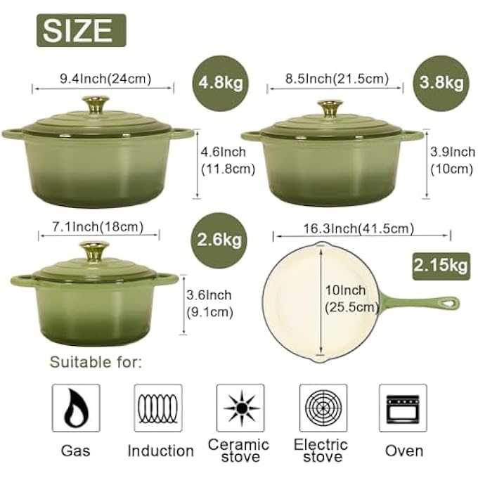 rayihni Healthy And Safe NonStick Enameled 7Pcs Set Of Cast Iron Dutch Oven Cookwares Set Includes 24Cm Dutch Oven Fry Pan 18Cm 21Cm 24Cm Dutch Oven Cookwares With Lids And Gloves - Image 5