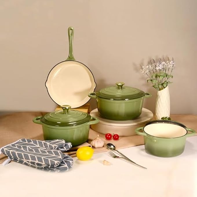 rayihni Healthy And Safe NonStick Enameled 7Pcs Set Of Cast Iron Dutch Oven Cookwares Set Includes 24Cm Dutch Oven Fry Pan 18Cm 21Cm 24Cm Dutch Oven Cookwares With Lids And Gloves - Image 4