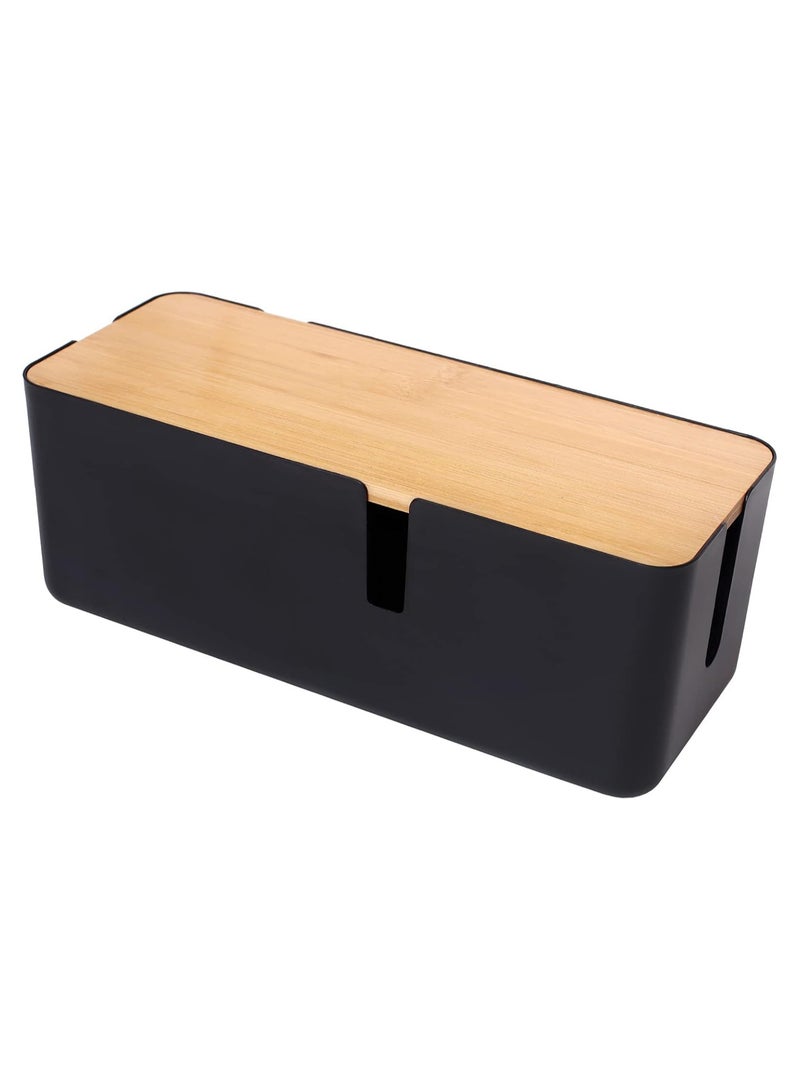 Cable Management Box with Bamboo Lid Small Cable Organizer Box for Extension Cord Power Stripe Surge Protector Wire Management Concealer Organizer Cover Hider (Black) - Image 1