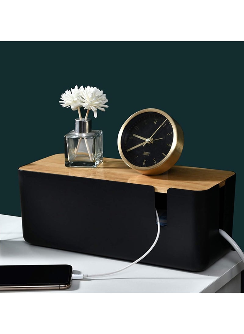 Cable Management Box with Bamboo Lid Small Cable Organizer Box for Extension Cord Power Stripe Surge Protector Wire Management Concealer Organizer Cover Hider (Black) - Image 3