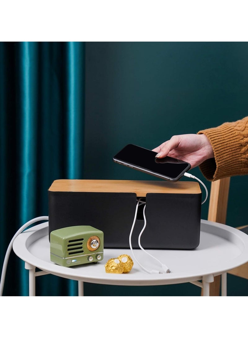 Cable Management Box with Bamboo Lid Small Cable Organizer Box for Extension Cord Power Stripe Surge Protector Wire Management Concealer Organizer Cover Hider (Black) - Image 5