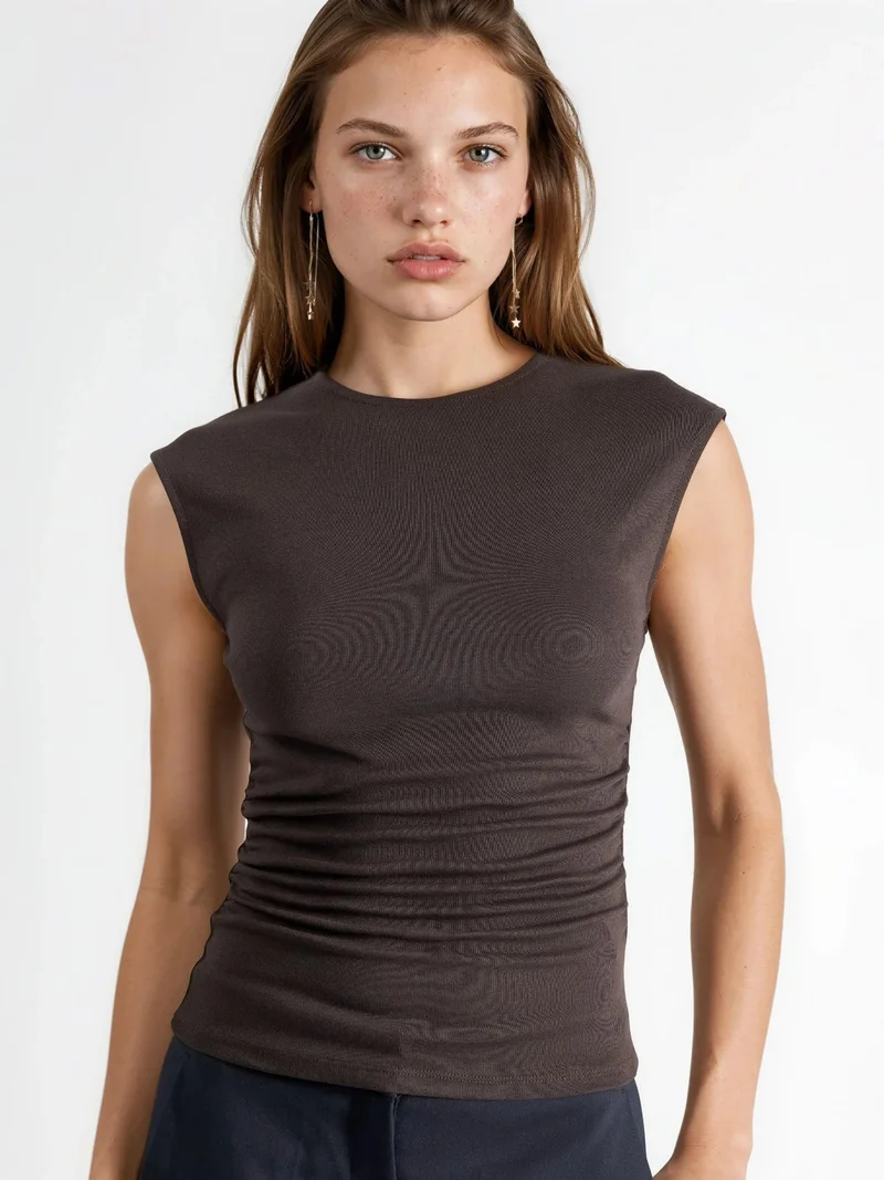 بوسيم BUSEM Sleeveless Drape Blouse with Crew Neck