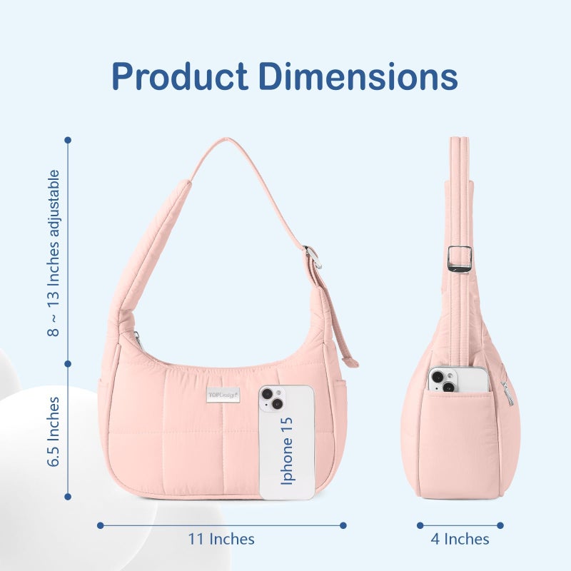 TOPDesign Quilted Puffer Shoulder Bag for Women, Trendy Lightweight Hobo Crescent Bag with Adjustable Strap (Pink) - Image 5