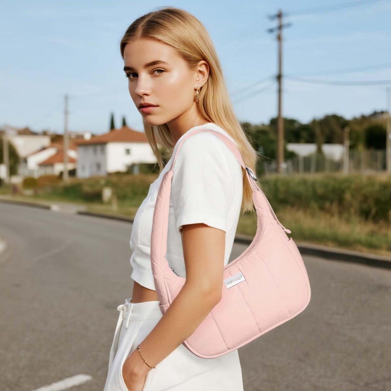 TOPDesign Quilted Puffer Shoulder Bag for Women, Trendy Lightweight Hobo Crescent Bag with Adjustable Strap (Pink) - Image 2