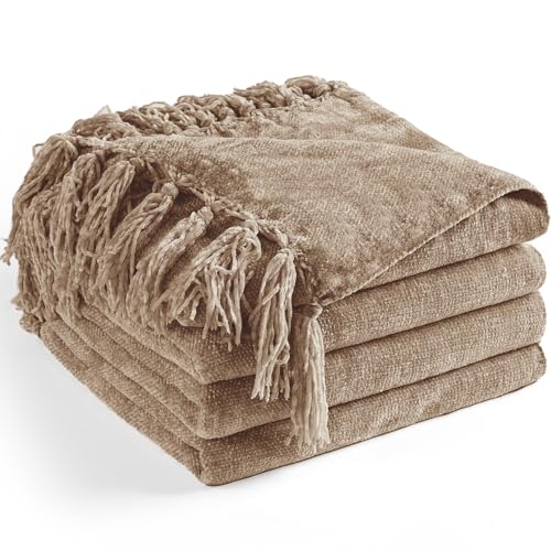 LONG CREATE Chenille Throw Blanket for Couch 50"X 60", Soft Cozy Throws with Fringe Tassel for Bed Sofa Chair Cover, Lightweight Knitted Decorative Boho Blankets for Living Room, Taupe - Image 1