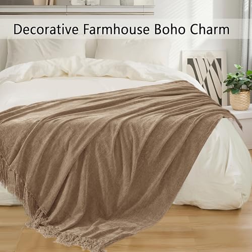 LONG CREATE Chenille Throw Blanket for Couch 50"X 60", Soft Cozy Throws with Fringe Tassel for Bed Sofa Chair Cover, Lightweight Knitted Decorative Boho Blankets for Living Room, Taupe - Image 5