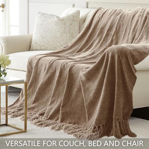 LONG CREATE Chenille Throw Blanket for Couch 50"X 60", Soft Cozy Throws with Fringe Tassel for Bed Sofa Chair Cover, Lightweight Knitted Decorative Boho Blankets for Living Room, Taupe - Image 4