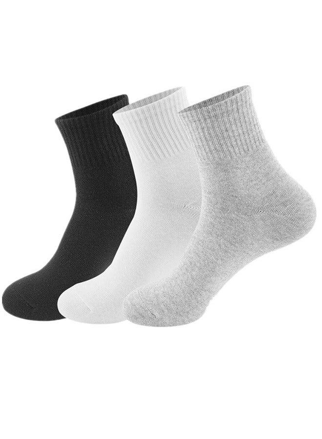 Men's Mid-Tube Cotton Socks, Pure Cotton Casual Running Socks, Pure Cotton Refreshing Breathable Socks, Simple And Fashionable Student Socks For Men And Women, 3 Pairs (Black, White And Gray) - Image 1