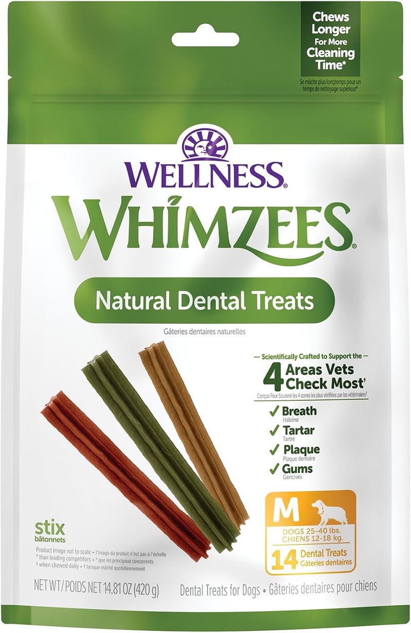 WHIMZEES by Wellness Stix Natural Dental Chews for Dogs, Long Lasting Treats, Grain-Free, Freshens Breath, Medium Breed, 14 count - Image 1