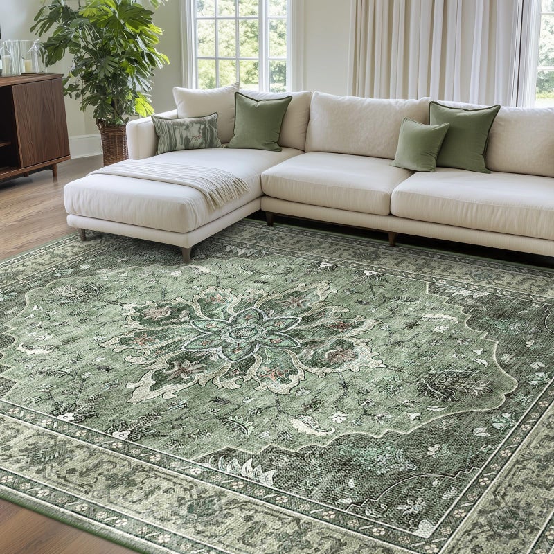 RELEANY Area Rugs 8'x10' Washable Non-Slip, Floral Vintage Distress Print Pattern Medallion Carpet for Living Room Bedroom Dining Room, Dark Green Gray - Image 1