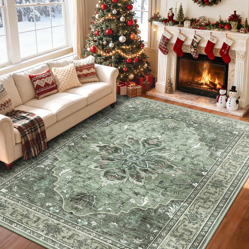 RELEANY Area Rugs 8'x10' Washable Non-Slip, Floral Vintage Distress Print Pattern Medallion Carpet for Living Room Bedroom Dining Room, Dark Green Gray - Image 2