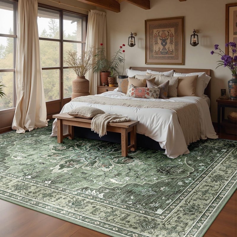 RELEANY Area Rugs 8'x10' Washable Non-Slip, Floral Vintage Distress Print Pattern Medallion Carpet for Living Room Bedroom Dining Room, Dark Green Gray - Image 3