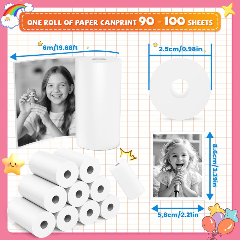 TecoHikee 15 Rolls Kids Camera Paper Roll Refill - HD kids camera instant print paper, 55x25mm Print 180 Sheets with Cute Stickers, Scratch-Resistant, BPA Free, Suitable for 99% of Instant Print Camera for Kids - Image 5