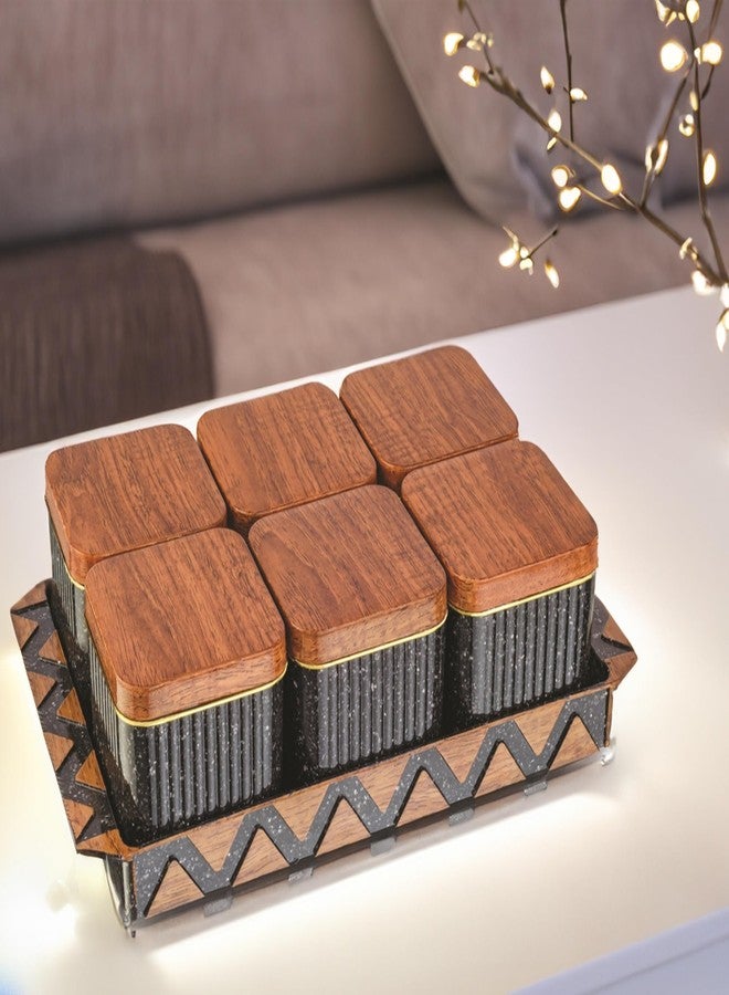 Nabhya Bellagio Wooden 6pc Multipurpose Airtight Dry Fruit Container With Lid & Serving Tray, Kitchen Food Storage Container Set, Diwali Gifting Items For Friends, Family Employees,(Pack Of 6) (Black) - Image 1