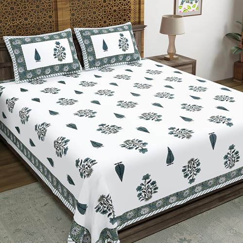 BLOCKS OF INDIA Hand Block Printed 200 TC Cotton King Size Bedsheet | Grey Rose - Image 1