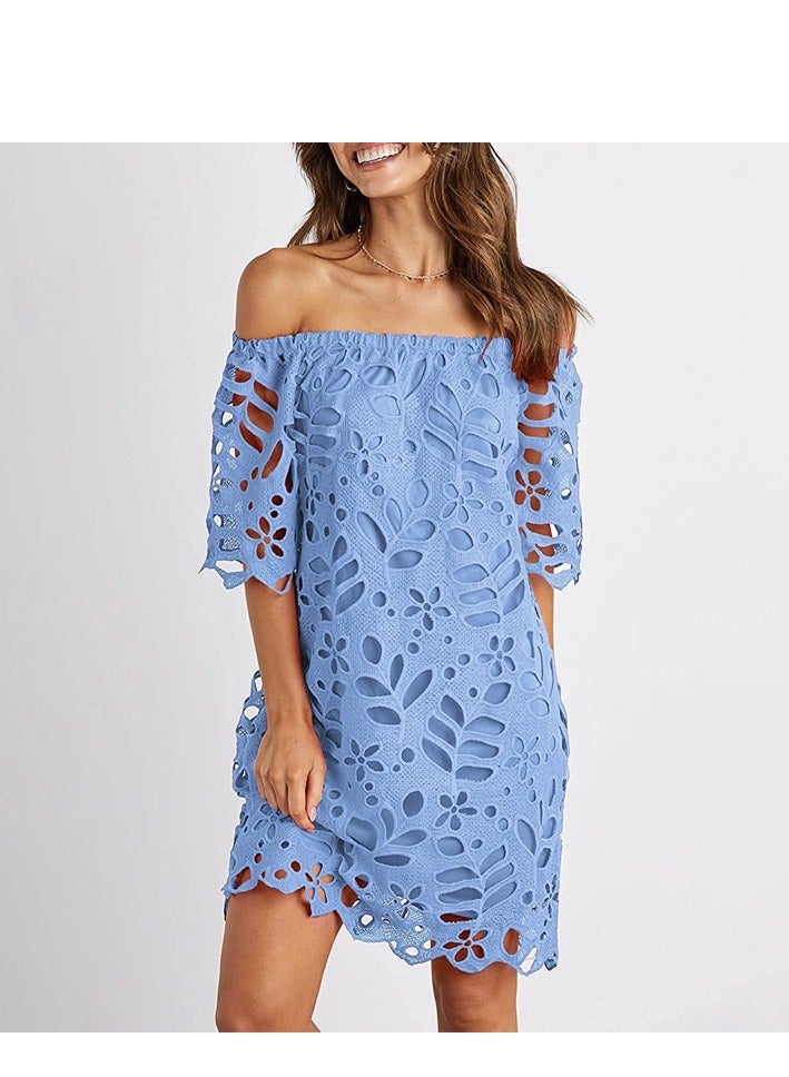 NIBEMINENT فستان صيفي نسائي بأكتاف مكشوفة بتصميم عتيق مزخرف بالزهور بأكمام قصيرة فضفاضة أنيقة - Image 1