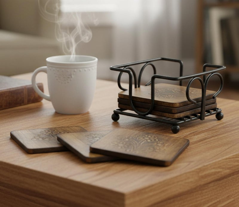 StonKraft Wooden Tea Coffee CoastersRustic Vintage Look Coasters Set with Wrought Iron Holder